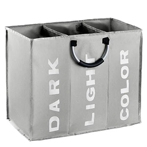 IHOMAGIC Wäschesortierer 3 Fächer, Faltbarer Wäschekorb Sortierer, Hell Dunkel Wäschesammler, 3 Fach Braun Kinderzimmer Kinder Baby Wäschebox, Wäschesack Wäschetasche Stoff Groß, 90L, 60×32×49cm, Grau