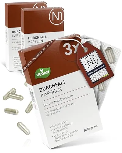 N1 Durchfall Kapseln 90 St. - Medizinprodukt bei akutem Durchfall - Verkürzt die Durchfalldauer, lindert Bauchschmerzen & verkürzt die Behandlung