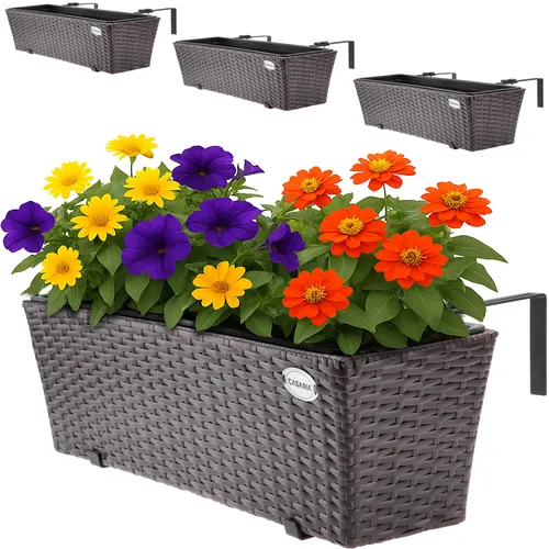Casaria Blumenkasten 4er Set 11 Liter - Blumenkästen für Innen und Außen, aus wetterfestem Polyrattan mit herausnehmbarem Innentopf und verstellbarer Montagehalterung für optimale Flexibilität.