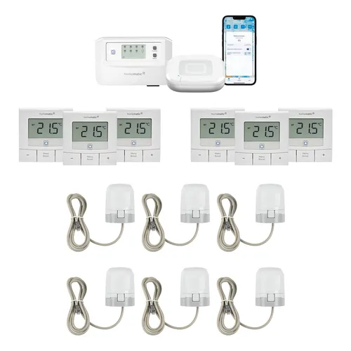 HOMEMATIC IP Starter Bundle Fußbodenheizung für 6 Räume, weiß - Intelligente Steuerung Ihrer Fußbodenheizung über die App. Das Bundle enthält alles für die Installation in 6 Räumen, inklusive Wandthermostaten und Access Point.