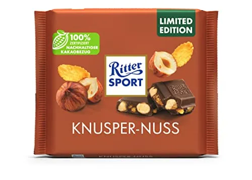 Ritter Sport Knusper-Nuss, 100 g - Schokonüsse mit ganzen Haselnüssen und knusprigen Cornflakes in Vollmilchschokolade – der perfekte Genuss für nussige und knusprige Momente.