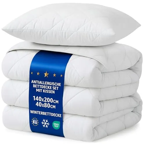 Bettdecken Set 140x200 mit Kissen 40x80 – Kuschelige Winterbettdecke für Allergiker - Hochwertige Winterbettdecke mit optimaler Wärmeisolierung, die Sie in kalten Nächten kuschelig warm hält. Pflegeleicht und Oeko-Tex zertifiziert für besten Schlafkomfort. Ideal für erholsame Nächte.