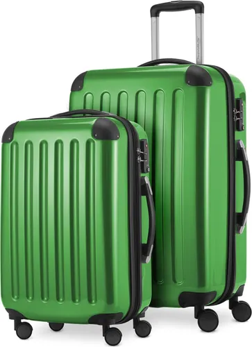 Alex - 2er Set Handgepäck + Mittelgroßer Koffer, Kofferset Resekofffer Trolleys Hartschale Polycarbonat glänzend,Grün