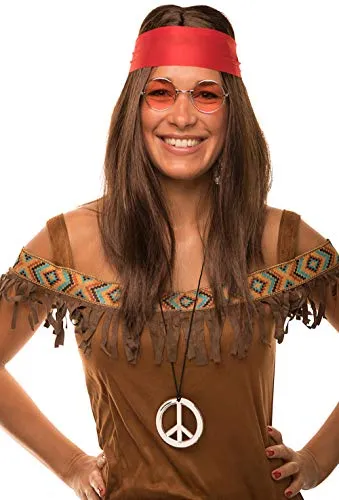 Balinco Hippie Set mit Perücke + runde Sonnenbrille + Peace Anhänger + rotes Kopfband für Damen & Herren 70er Jahre Fasching Karneval