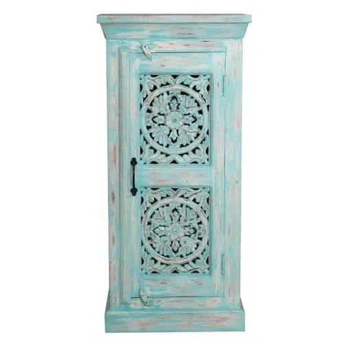 Indische Kommode aus Mangoholz mit Schnitzerei in blau von Oriental Galerie