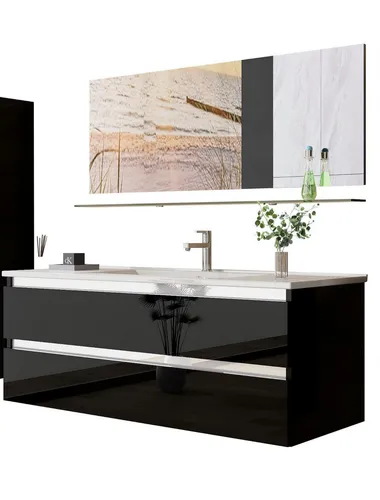 Badmöbel-Set Marcel 120 cm Hochglanz Schwarz - Stilvolles 4-teiliges Badmöbel-Set in Hochglanz Schwarz, inklusive Keramikwaschbecken und Spiegel. Optimal für moderne Badezimmer – einfach zu montieren und pflegeleicht. Hochwertige Verarbeitung für eine elegante Optik.