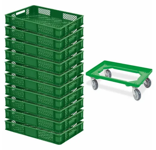 BRB-Lagertechnik Stapelbox 10x Eurobehälter mit Transportroller - Stapelboxen-Set mit 10 Eurobehältern und Transportroller, robust und lebensmittelecht, ideal für sicheres Lagern und Transportieren von Waren.