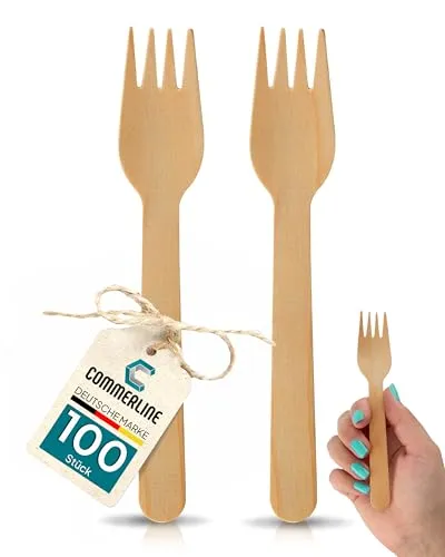 Commerline 100 Stück Einweg Holzlgabeln Besteck, Holzgabel Einweggabel Einwegbesteck, Holzbesteck Holz Einweg Gabel, Einmalgabel Gabeln aus Holz