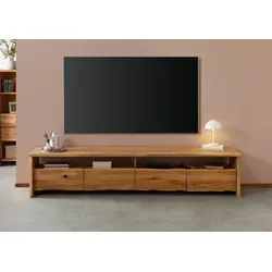 Lowboard Wildeiche 240x45x50 natur geölt - PURE OAK #119 - Massives TV-Board aus Wildeiche mit Baumkante-Design. Offene Ablagen und Schubladen bieten praktischen Stauraum, während die Soft-Close-Technologie und die individuelle Holzstruktur für Eleganz sorgen. Entdecken Sie die PURE OAK Serie!