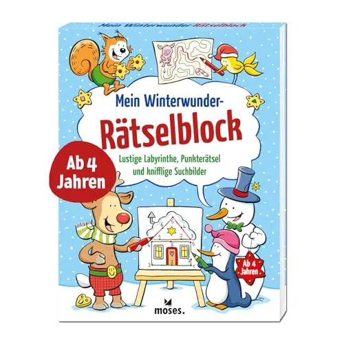 moses. Mein Winterwunder-Rätselblock, Lustige Labyrinthe, Punkterätsel und knifflige Suchbilder, Rätselspaß für Kinder, Raten, Spielen, Malen, Suchen, Beschäftigungsbuch ab 4 Jahren