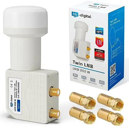 hb-digital Twin LNB (Test SEHR GUT *) LNC Kopf 2 Teilnehmer Direkt LTE Protected Satelliten Digital Sat Full HD TV 3D 4K UHD Kontakte vergoldet Wetterschutz Weiß White + 4X F-Kompressionsstecker