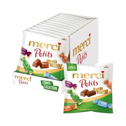 merci Petits Crunch Collection – 12 x 125 g – Pralinen-Mix aus nicht gefüllten und gefüllten Schokoladen-Spezialitäten – Schokopralinen einzeln verpackt