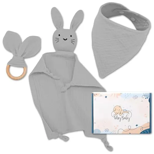 Baby Geschenk Junge und Mädchen Musselin Newborn Set - Schnuffeltuch Babygeschenke zur Geburt Babyparty Babyset Schmusetuch Lätzchen und Beißring für Neugeborenen Grau