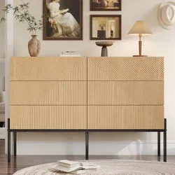 Kommode Aus Mdf In Natur Mit 6 Schubladen, 3d-front Und Schwarzen Metallbeinen, 115,5 X 38 X 75 Cm