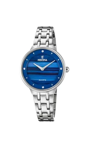 Festina F20600/A Damenuhr Edelstahl Silber - Damenuhr aus Edelstahl mit elegantem blauen Ziffernblatt und Zirkoniasteinen, wasserdicht bis 5 bar – perfekt für stilbewusste Frauen.