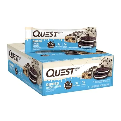 Quest Nutrition Quest Bars Dipped Cookies & Cream (12x50g) - Sportnahrung: Proteinriegel mit 18g Protein und nur 1g Zucker, ideal für Muskelaufbau und -erhalt, unwiderstehlicher Geschmack von Cookies & Cream.
