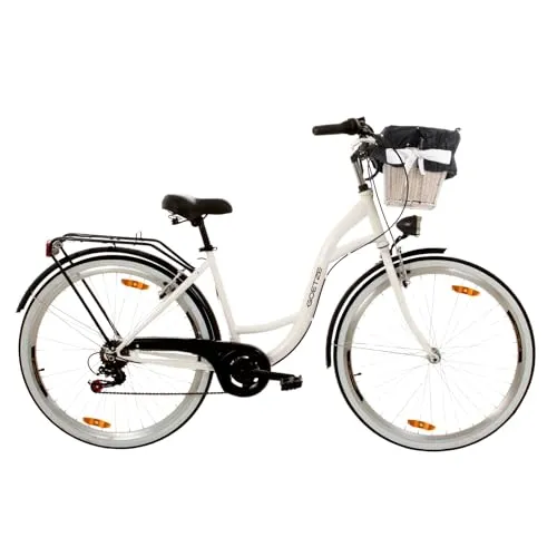 Goetze Mood 28 Zoll Damen Citybike, 18 Zoll Tiefeinsteiger Stahlrahmen, 7-Gang Kettenschaltung, doppelte V-Bremsen, LED-Beleuchtung, Rattankorb, Komfortsattel, mit Seitenständer & Klingel