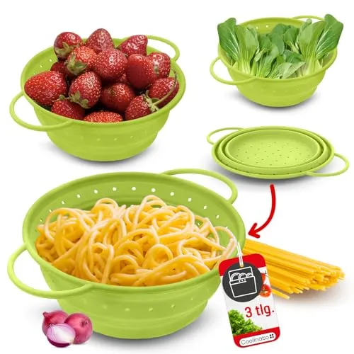 Coolinato Silikonsieb Set 3er – Faltbar & hitzebeständig - Praktisches 3er Set Küchensiebe in 16/20/24cm, perfekt zum Abtropfen von Nudeln und Gemüse. Spülmaschinenfest und platzsparend zusammenklappbar – ideal für Zuhause und unterwegs.