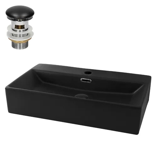 LuxeBath Keramik Waschbecken mit Ablaufgarnitur 600x365 mm - Waschbecken aus hochwertiger Keramik in modernem, eckigem Design mit Push-Open-Technologie für einfache Bedienung und Reinigung. Ideal für Wandmontage oder als Aufsatzwaschbecken.