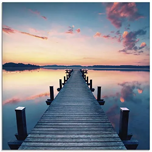 Artland Glasbild Langer Pier am See im Sonnenaufgang in blau von ARTland