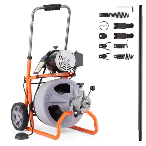 VEVOR Rohrreinigungsmaschine mit Rädern 30m - Installateurwerkzeuge für effiziente Rohrreinigung, automatische Zufuhr und mobil dank 7,5 Zoll Rädern – ideal für Profis!