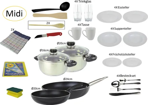 Haushalts Starterpaket Basic (Midi) - Kochtöpfe und Küchenutensilien für den perfekten Start in die Küche. Spülmaschinengeeignetes 4-teiliges Topfset aus Edelstahl, 16-teiliges Tellerservice und vieles mehr!