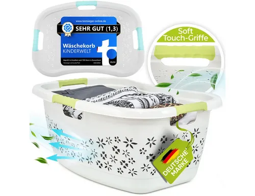 KiNDERWELT Wäschekorb Premium 50 L ergonomischer Form, Soft-Touch-Griffe, an den Körper angepasste Nierenform