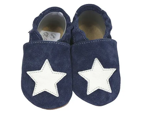 Krabbelschuhe blau mit weißem Stern 18/19 (6 - 12 Monate) - Babyschuhe aus weichem Rindsleder, handgefertigt in der EU, bieten optimalen Halt und Schutz für die ersten Schritte. Ideal für Zuhause und Kita, mit rutschfester Sohle für sicheren Halt.