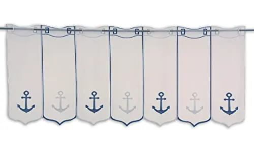 Clever-Kauf-24 Scheibengardine Anker Bestickt Bistrogardine blau weiß Höhe 45cm versch. Breiten (BxH 144x45cm)