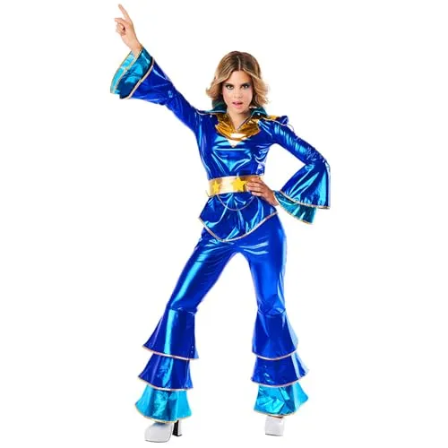 Boland Kostüm Dancing Queen für Damen, 3-teilig - Faszinierendes 3-teiliges Kostüm für Damen von Boland, bestehend aus Schlaghose, Shirt und Gürtel. Ideal für Fasching, Halloween oder Mottopartys – mit glänzendem Stoff und goldenen Details ein echter Blickfang!