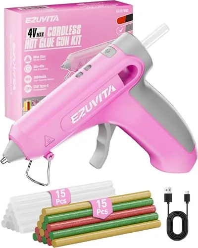 EZUVITA 4V Heißklebepistole Akku Set (Rosa) mit 30 mehrfarbigen Klebesticks, schneller Aufheizzeit, intelligenter Abschaltautomatik, USB-C-tropffreie Heißklebepistole mit integriertem 2600mAh-Akku