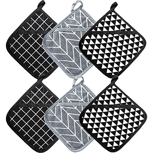 DXRPO Ofenhandschuhe Hitzebestaendig und Topflappen Set, Dicke Topfhandschuhe Set aus Recycelter Baumwolle Gefüllt, Topflappen für die Kuche Backen, 18cm x 18cm, 4 Stück Schwarz mit 2 Stück Grau