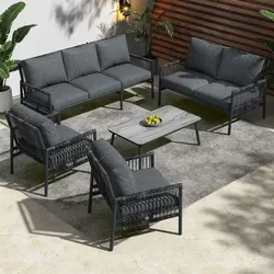 Merax Rattan Gartenlounge Set 7 Personen - 5-teiliges Gartenmöbel-Set mit witterungsbeständigem Stahlrahmen und stilvollem Rattangeflecht, ideal für entspannte Tage im Freien.