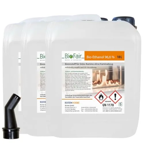 BioFair Bioethanol 96,6% für Bioethanolkamin, Ethanol Tischkamin, Wandkamin Indoor - 3 x 10 Liter