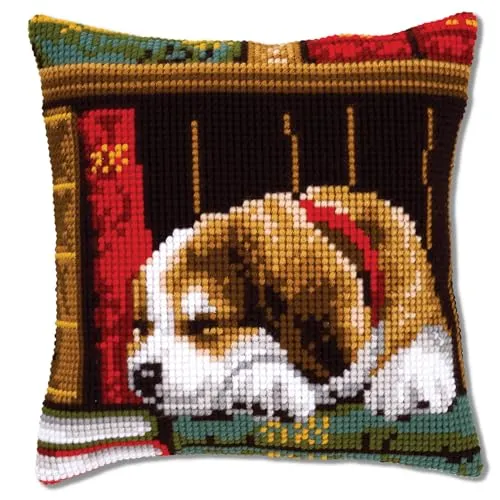 VERVACO Kreuzstich Kissen Set Schlafender Hund - Kreuzstich-Sets, komplettes Set mit allem, was Sie brauchen – ideal für Anfänger und Profis, inklusive einfacher Anleitung und hochwertigen Materialien für kreatives Handarbeiten.