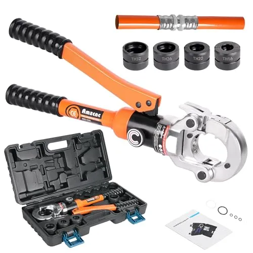 AMZCNC Profi Presszange TH-Kontur 16-20-26-32 Set Presswerkzeug mit 360° drehbarem Kopf,für Verbundrohr mit Fittings der TH-Kontur, Backeneinsätze TH16,TH20,TH26,TH32 incl