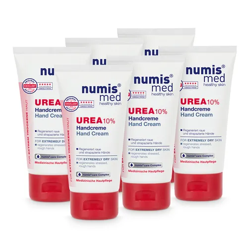 numis med Handcreme 10% Urea für trockene Hände - Vegane Handcreme 6x 75 ml - Hochwertige Handcreme mit 10% Urea, ideal zur Unterstützung der Pflege trockener Hände. Praktische 6er-Packung, perfekt für den täglichen Einsatz.