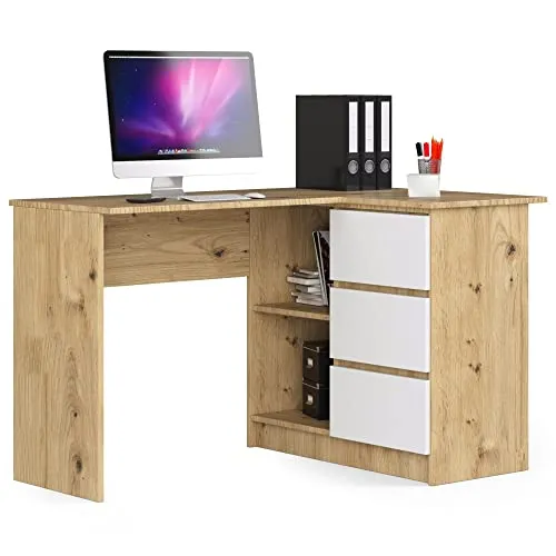 AKORD Eckschreibtisch B16 mit Regal 124 cm - Schreibtisch mit 3 Schubladen und 2 Ablagefächern, ideal für Home-Office oder Kinderzimmer. Pflegeleichte Oberfläche und einfache Montage machen ihn zur perfekten Wahl für effizientes Arbeiten.
