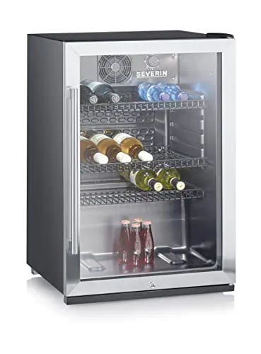 Severin FKS 8840 Flaschenkühlschrank - Gewerblich nutzbar mit integriertem Schloss und 118L Stauraum für bis zu 56 Flaschen. Höhenverstellbare Metallablagen und energieeffiziente LED-Beleuchtung für optimale Ausleuchtung.