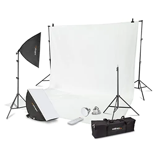 Walimex Pro Premium Fotostudio Set inkl. 2X Lampenstativ mit 2X LED Softboxen 40x60cm Bi Color und komplettem Teleskop Hintergrundsystem 120-307 cm mit Stoffhintergrund weiß