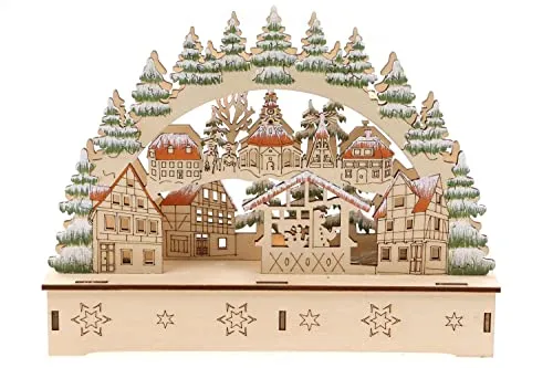 ELLUG 3D Schwibbogen Lichterbogen Holzschnitt Winterdorf aus Holz zum Stellen mit Licht 22 * 6 * 17cm batteriebetrieben mit On-Off Schalter, Timer Funktion (6h On/18h Off)