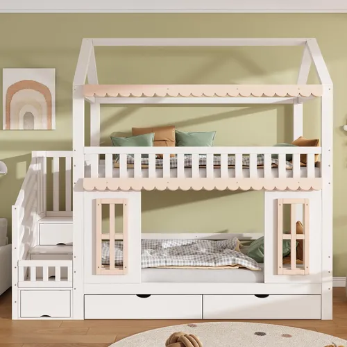 OKWISH Etagenbett Kinderbett Stauraumbett mit Schubladen und Holzfenstern - Praktisches Etagenbett (90x200 cm) mit seitlichem Stauraum und zwei Schubladen. Ideal für kleine Räume, bietet es zusätzlichen Platz und eine gemütliche Schlafumgebung für Kinder.