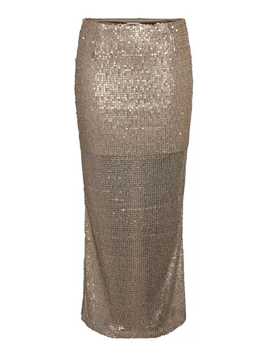 NOISY MAY Damen Paillettenrock Mittlere Länge Eleganter Modestil, Farben:Braun, Größe:L