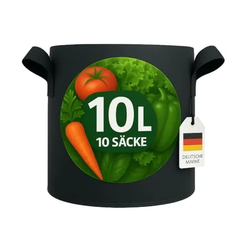 König Design 10x 10L Pflanzsack aus Vlies Stoff - 10er Set für optimale Pflanzenentwicklung - Pflanzenwachstumstaschen für Balkon, Terrasse und Garten. Die atmungsaktiven 10-Liter Pflanzsäcke fördern das Wurzelwachstum und sind dank der Tragegriffe bequem zu transportieren.