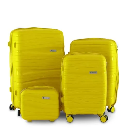 Berwin Reisekoffer Hartschalenkoffer Trolley Set Torna Tropic Gelb 4er Set - Praktisches 4-teiliges Koffer-Set in Gelb, bestehend aus drei Koffern und einem Beautycase. Ideal für Reisen, kratzfest und mit 360°-Rollen-System für einfachen Transport.