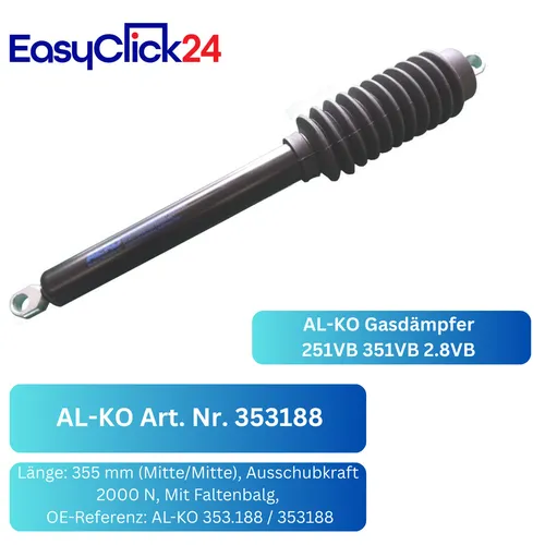 AL-KO Gasfeder 355mm für Handbremshebel - Hochwertige Gasfeder von AL-KO, ideal für Handbremshebel. Mit einer Ausschubkraft von 2000 N und präziser Passform sorgt sie für zuverlässige Funktionalität und einfache Montage.