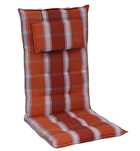elGiga Sun Garden Hochlehner-Auflage Inco Orange-Weiß Kariert - Polster für Stühle & Sessel, mit abnehmbarem Kopfpolster für optimalen Sitzkomfort, langlebig und pflegeleicht – ideal für Garten, Terrasse oder Balkon.