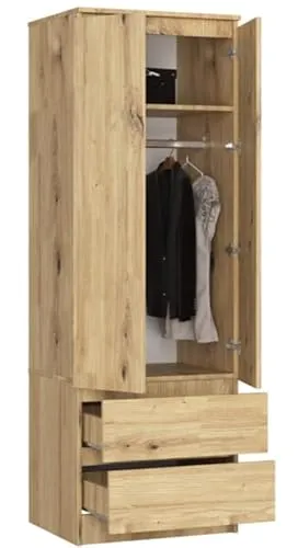BDW Kleiderschrank mit 2 Türen, 2-türiger Kleiderschrank, 2 Schubladen - Aufbewahrungsschrank - Moderner Schrank für Schlafzimmer, Wohnzimmer, Flur, Kinderzimmer - 180x60x51cm - Eiche Artisan