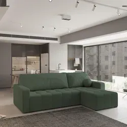Masseno Ecksofa VOLIRA mit Schlaffunktion - Grün - Ecksofa mit Schlaffunktion und praktischem Bettkasten, ideal für Gäste und platzsparend. Hochwertiger Stoff QUELLE 37 sorgt für eleganten Look und langanhaltenden Komfort.