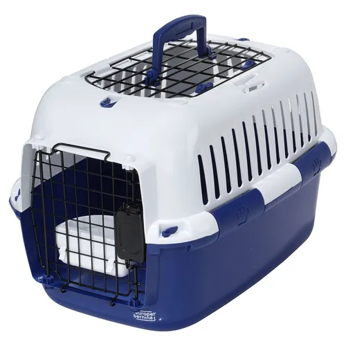 Europet-Bernina Adventurer 50 Transportkäfig navy für Katzen - Tier-Transportbox aus leicht zu reinigendem Kunststoff, ideal für Katzen bis 10 kg. Mit stabilen Griff und praktischer Metalltür für einfachen Zugang sowie integrierter Wasserschale.